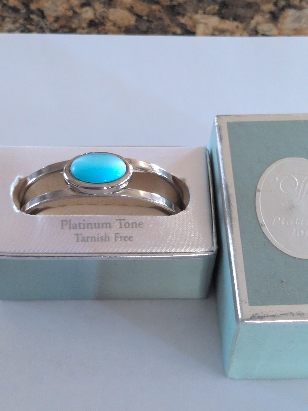 Platinum Tone Blue Cabochon Cuff Bracelet